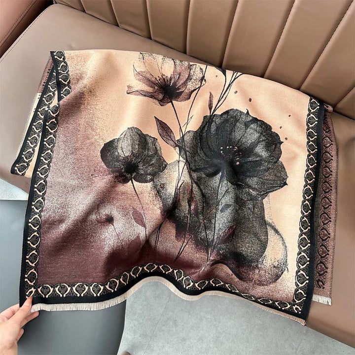 Buddha Stones Winter Ink Painting Lotus Flowers Leaves Pattern Soft Scarf Shawl - SaddleBrown - 180*65cm - image 16