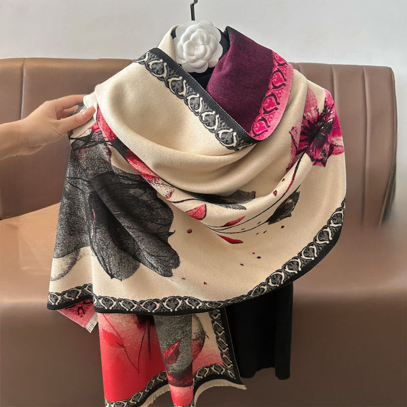 Buddha Stones Winter Ink Painting Lotus Flowers Leaves Pattern Soft Scarf Shawl - image 6