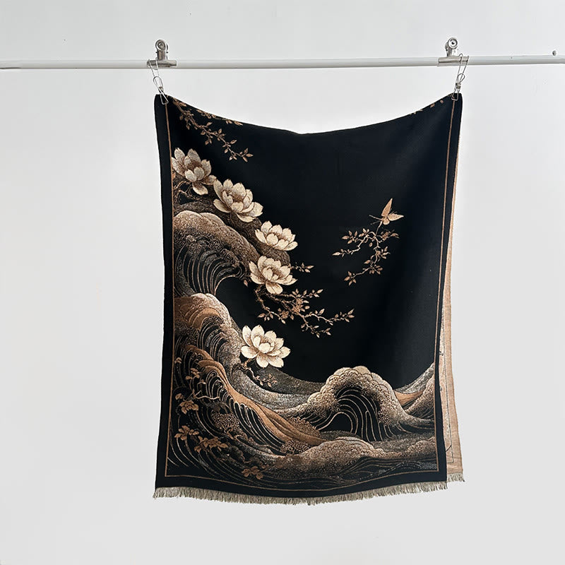 Buddha Stones Fall Lotus Flowers Ocean Waves Pattern Soft Scarf Tassel Shawl - image 1