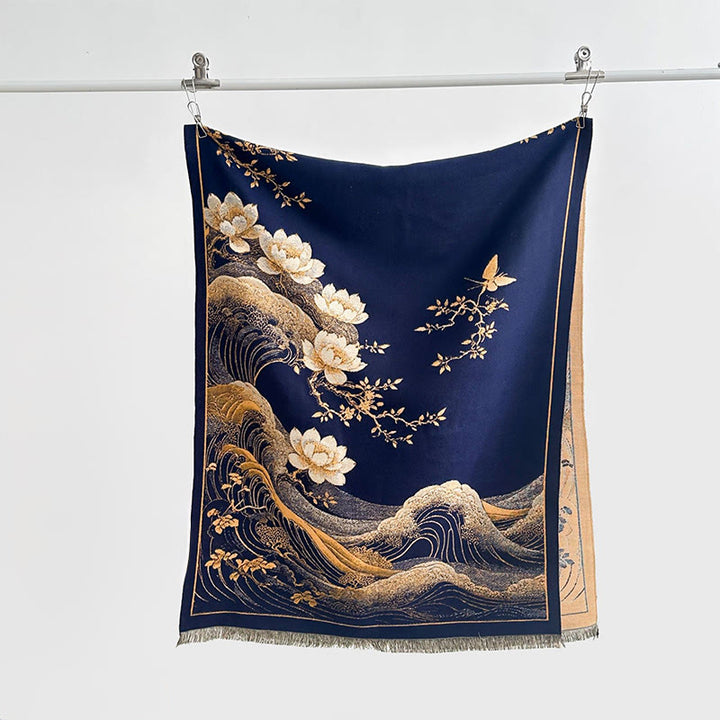 Buddha Stones Fall Lotus Flowers Ocean Waves Pattern Soft Scarf Tassel Shawl - Navy - 185*65cm - image 9