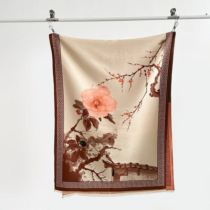 Buddha Stones Fall Plum Blossom Eaves Ink Painting Pattern Cozy Scarf Shawl - image 2