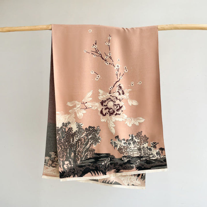 Buddha Stones Fall Flowers Trees Pavilion Pattern Cozy Scarf Shawl - SandyBrown - 180*65cm - image 3