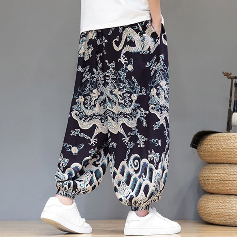 Buddha Stones Summer Dragon Drawstring Design Cotton Linen Men's Harem Pants With Pockets - image 14