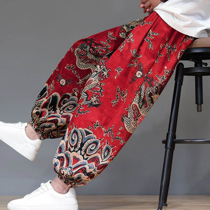 Buddha Stones Summer Dragon Drawstring Design Cotton Linen Men's Harem Pants With Pockets - image 9