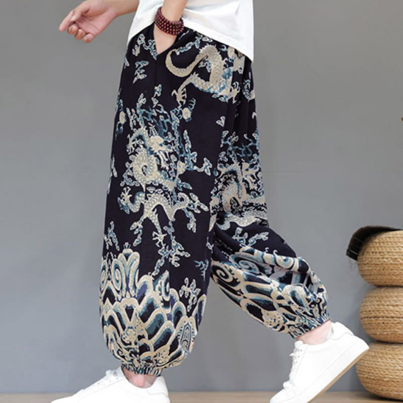 Buddha Stones Summer Dragon Drawstring Design Cotton Linen Men's Harem Pants With Pockets - image 13