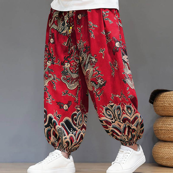 Buddha Stones Summer Dragon Drawstring Design Cotton Linen Men's Harem Pants With Pockets - image 1