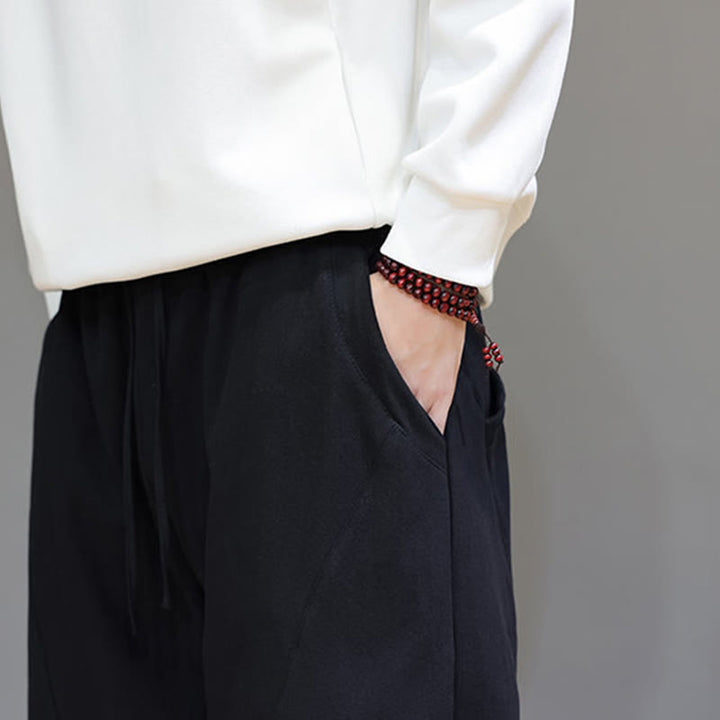 Buddha Stones Winter Solid Color Fleece-lined Men's Cotton Linen Pants With Pockets - image 17