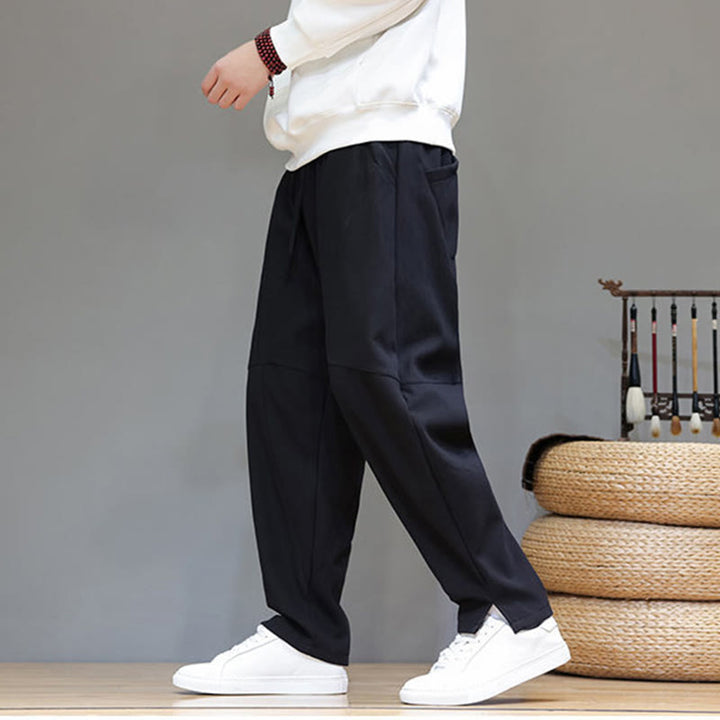 Buddha Stones Winter Solid Color Fleece-lined Men's Cotton Linen Pants With Pockets - image 14