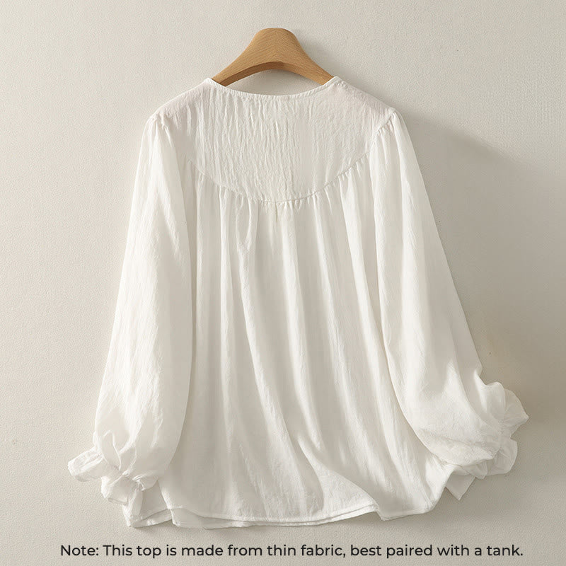 Buddha Stones White Buttons Ruffled Long Sleeve Women's Cotton Shirt - image 1