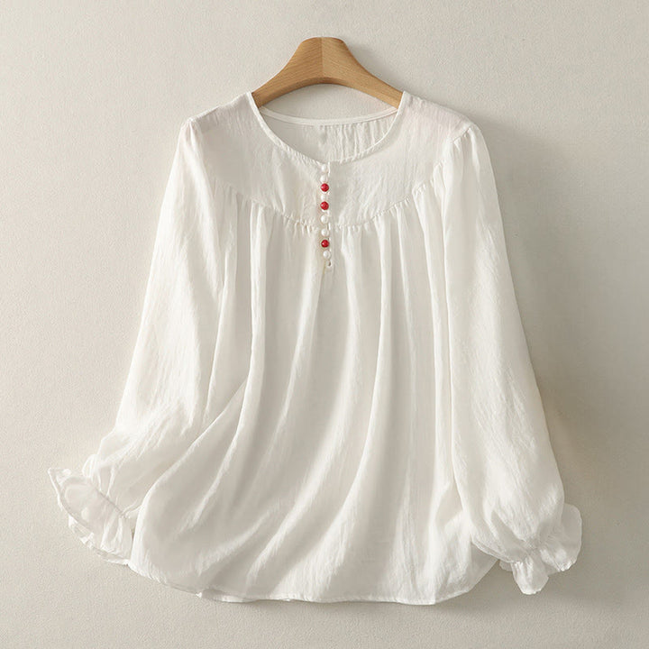 Buddha Stones White Buttons Ruffled Long Sleeve Women's Cotton Shirt - White - US8-10，UK/AU12-14，EU40-42 (2XL) - image 0