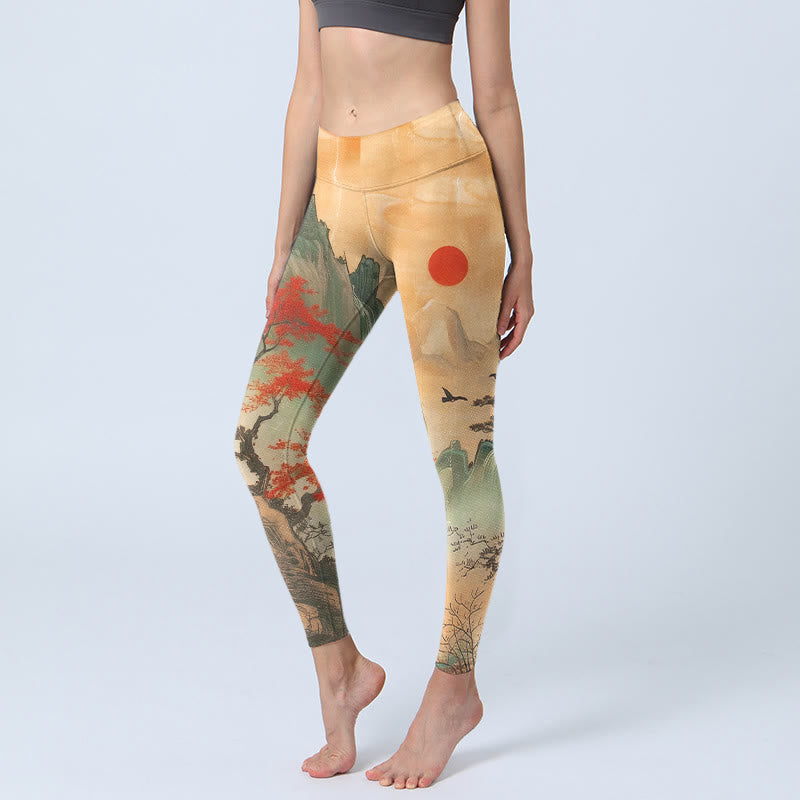Buddha Stones Mountains Trees Rising Sun Pattern Print Gym Leggings Women's Yoga Pants - SandyBrown - US18，UK/AU22，EU50 (4XL) - image 0