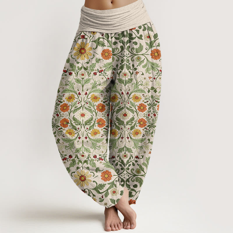Buddha Stones Pure Cotton Colorful Flowers Vines Women's Elastic Waist Harem Pants - BlanchedAlmond - US16，UK/AU20，EU48 (3XL) - image 5