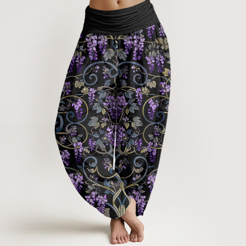 Buddha Stones Pure Cotton Retro Gorgeous Wisteria Women's Elastic Waist Harem Pants - Black - US16，UK/AU20，EU48 (3XL) - image 0