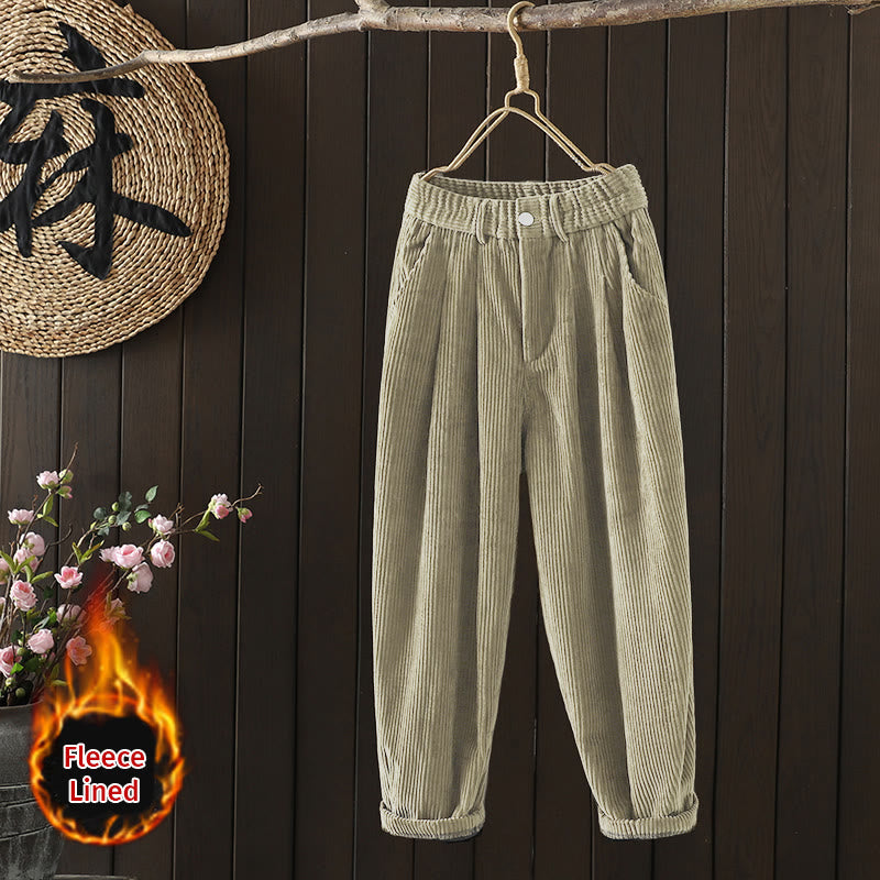 Buddha Stones Women's Winter Plain Corduroy Cotton High Waist Fleece-Lined Harem Pants With Pockets - Tan - US8-10，UK/AU12-14，EU40-42 (2XL) - image 18