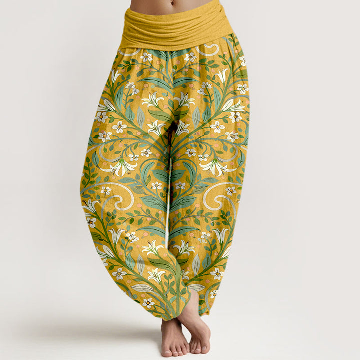 Buddha Stones Pure Cotton Elegant Lily Petal Leaf Pattern Women's Elastic Waist Harem Pants - Gold - US16，UK/AU20，EU48 (3XL) - image 0