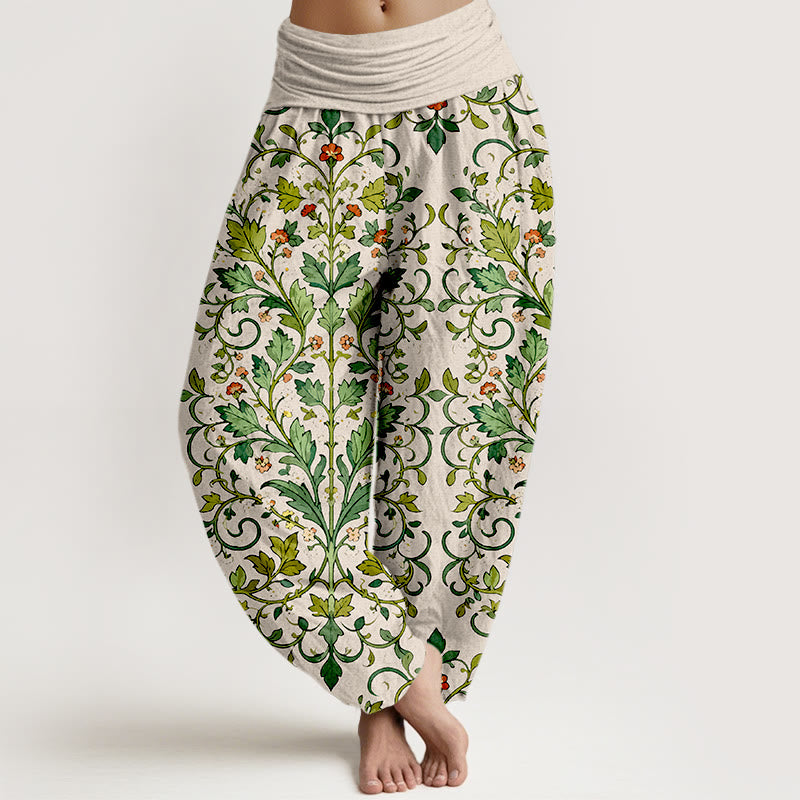 Buddha Stones Pure Cotton Classical Symmetrical Plant Leaf Pattern Women's Elastic Waist Harem Pants - Beige - US16，UK/AU20，EU48 (3XL) - image 8