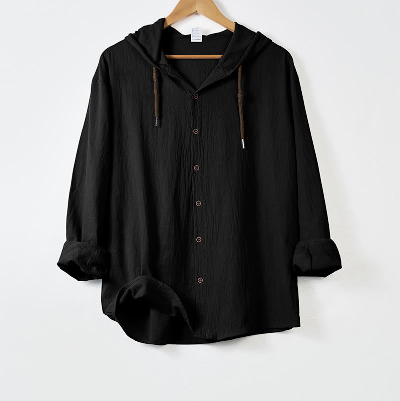 Buddha Stones Solid Color Long Sleeve Hooded Drawstring Buttons Cotton Men's Shirt - Black - US/UK/AU44，EU54 (3XL) - image 9