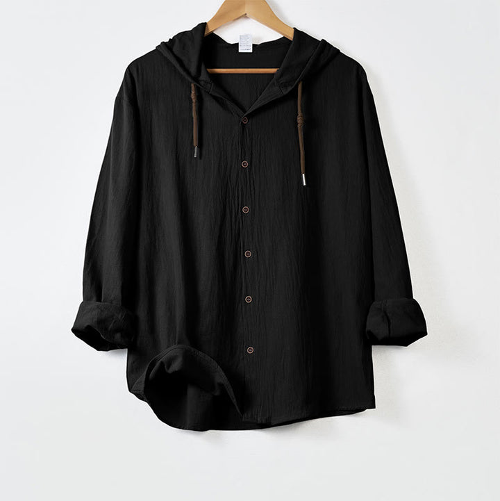 Buddha Stones Solid Color Long Sleeve Hooded Drawstring Buttons Cotton Men's Shirt - Black - US/UK/AU44，EU54 (3XL) - image 9