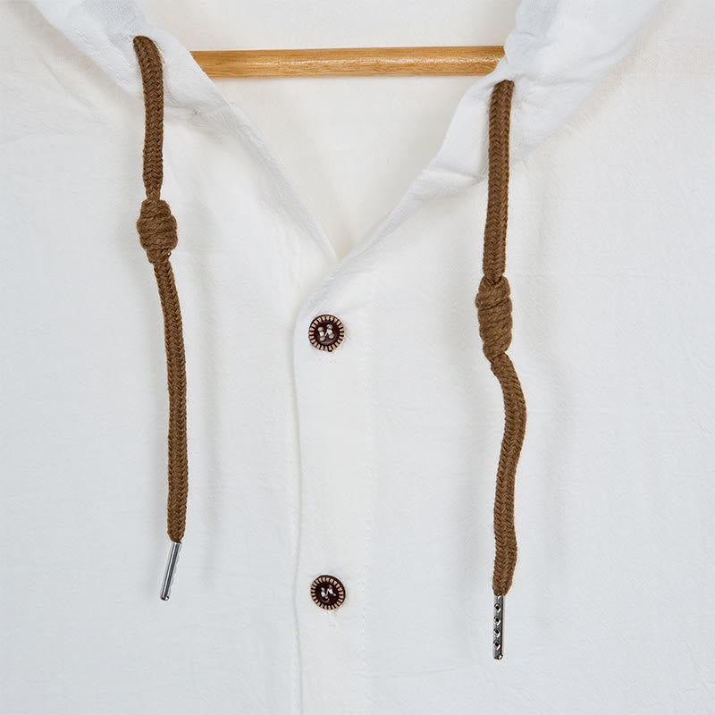 Buddha Stones Solid Color Long Sleeve Hooded Drawstring Buttons Cotton Men's Shirt - image 6