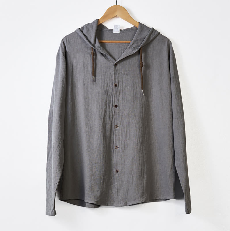 Buddha Stones Solid Color Long Sleeve Hooded Drawstring Buttons Cotton Men's Shirt - image 11