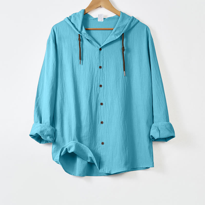 Buddha Stones Solid Color Long Sleeve Hooded Drawstring Buttons Cotton Men's Shirt - LightSkyBlue - US/UK/AU44，EU54 (3XL) - image 14