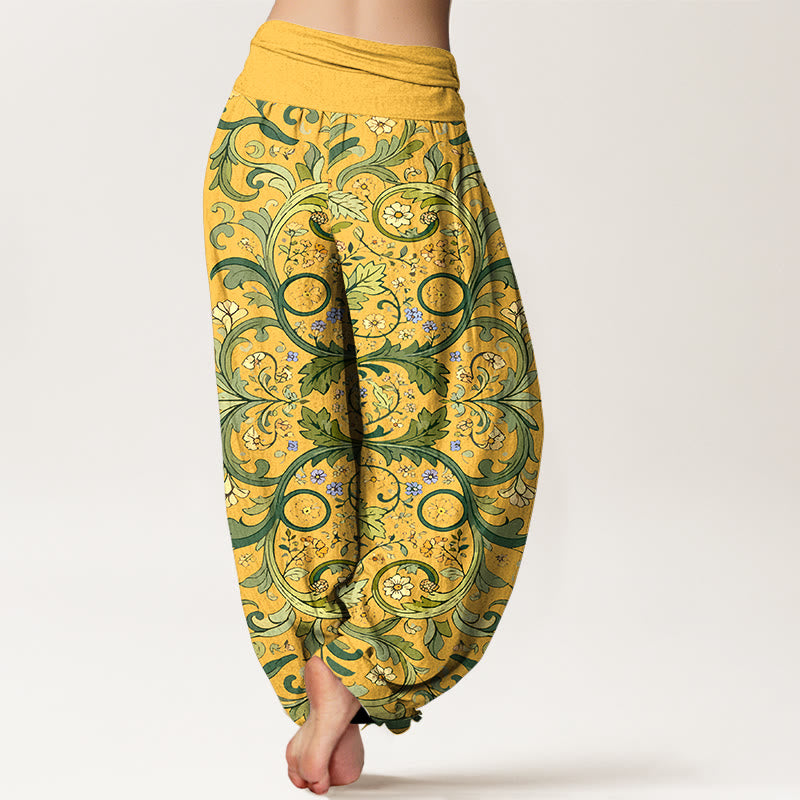 Buddha Stones Pure Cotton Layered Leaves Vines Flowers Pattern Women's Elastic Waist Harem Pants - image 1