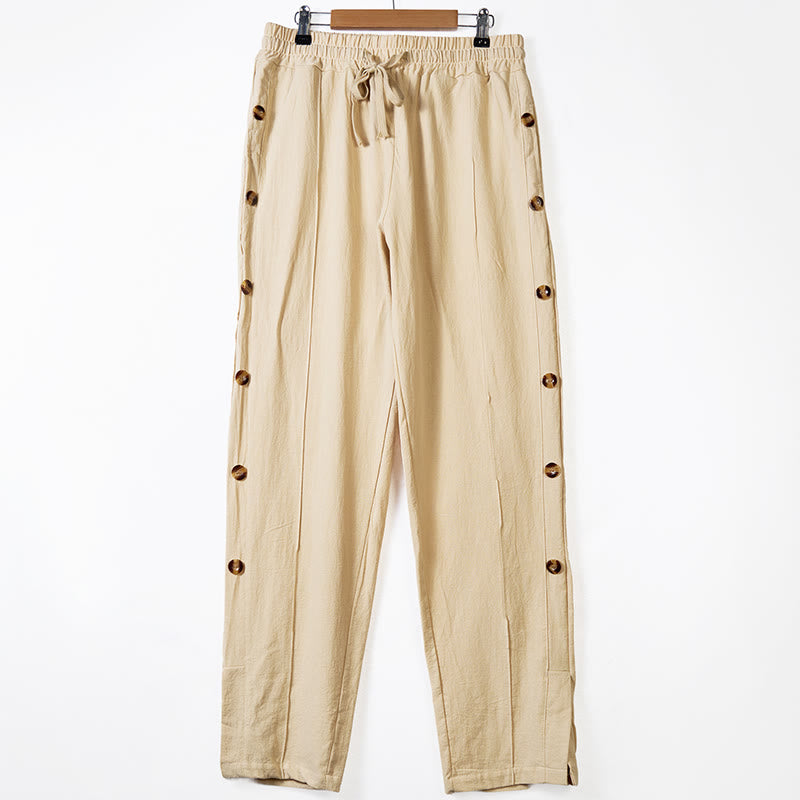 Buddha Stones Solid Color Side Buttons Men's Cotton Pants With Pockets - Bisque - US/UK/AU46，EU56 (3XL) - image 0