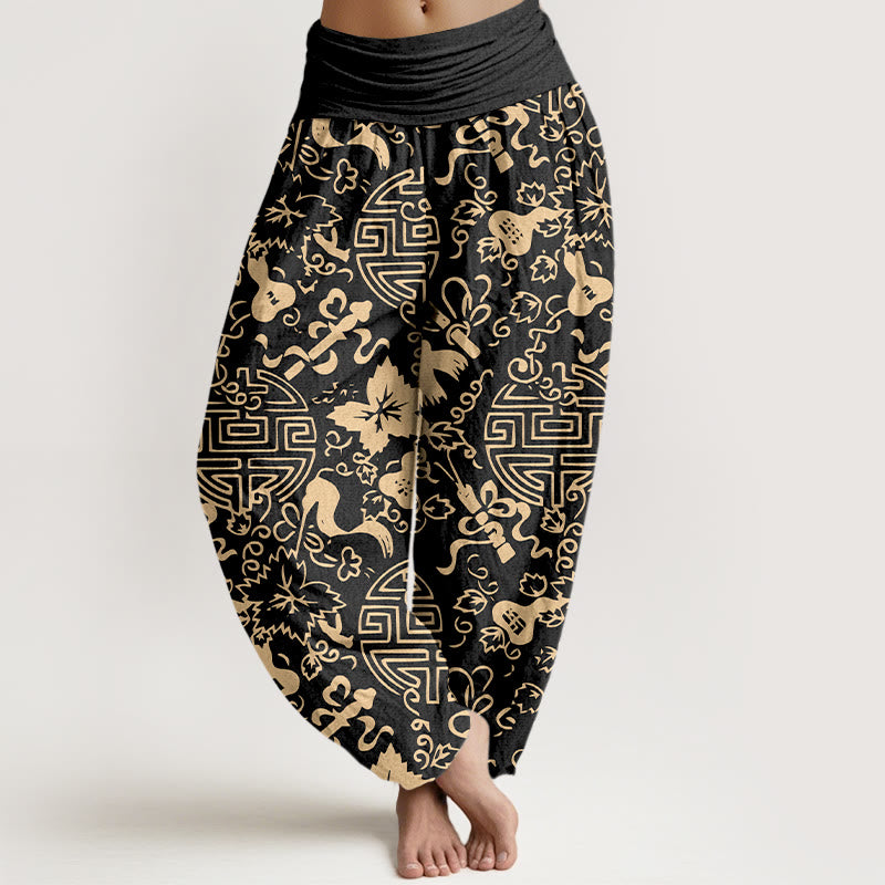 Buddha Stones Pure Cotton Chinese Character Gourd Auspicious Pattern Women's Elastic Waist Harem Pants - Black - US16，UK/AU20，EU48 (3XL) - image 0