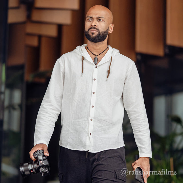 Buddha Stones Solid Color Long Sleeve Hooded Drawstring Buttons Cotton Men's Shirt - image 3