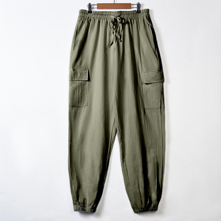 Buddha Stones Solid Color Linen Drawstring Men's Cargo Pants With Pockets - DarkSeaGreen - US/UK/AU46，EU56 (3XL) - image 28