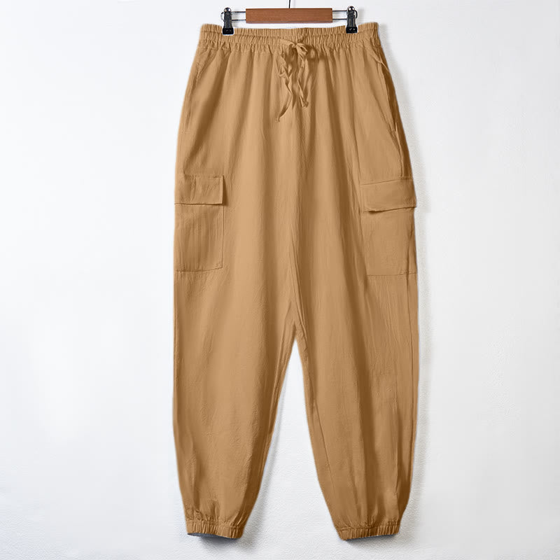 Buddha Stones Solid Color Linen Drawstring Men's Cargo Pants With Pockets - SandyBrown - US/UK/AU46，EU56 (3XL) - image 29