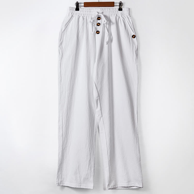 Buddha Stones Solid Color Buttons Drawstring Men's Cotton Pants With Pockets - White - US/UK/AU46，EU56 (3XL) - image 7