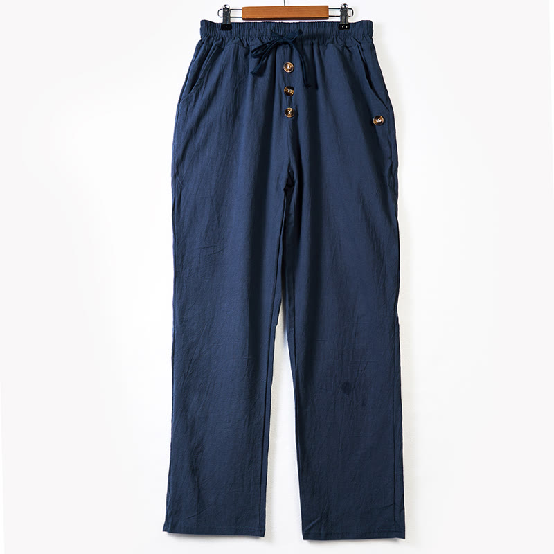 Buddha Stones Solid Color Buttons Drawstring Men's Cotton Pants With Pockets - image 1