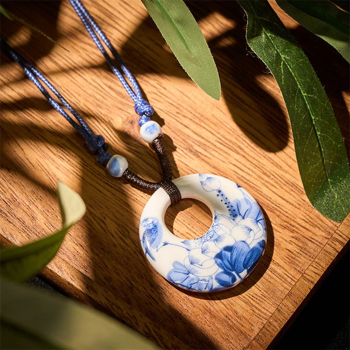 Buddha Stones Ethnic Peony Peach Blossoms Lotus Symbol Ceramics Necklace Enlightenment Pendant - Lotus - image 0