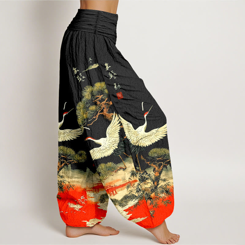 Buddha Stones Pure Cotton Vivid Crane Pine Tree Pattern Women's Elastic Waist Harem Pants - image 7