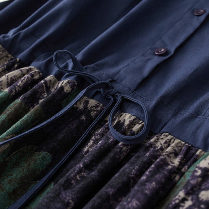 Buddha Stones Fall Printed Patchwork Design Drawstring Long Sleeve Linen Midi Dress With Pockets - image 4