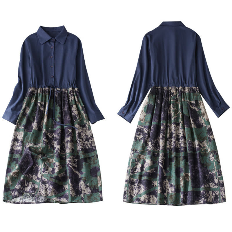 Buddha Stones Fall Printed Patchwork Design Drawstring Long Sleeve Linen Midi Dress With Pockets - image 10