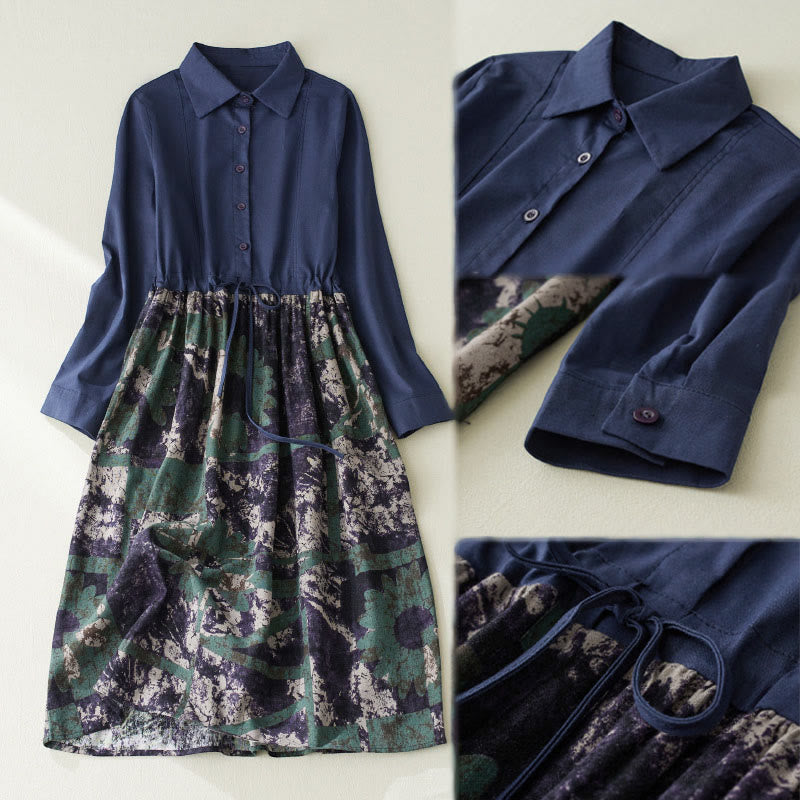 Buddha Stones Fall Printed Patchwork Design Drawstring Long Sleeve Linen Midi Dress With Pockets - image 8