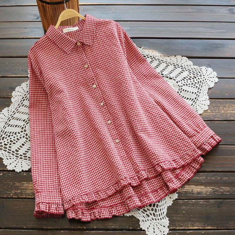 Buddha Stones Spring Plaid Ruffled Hem Design Long Sleeve Women's Buttons Shirt - Crimson - US16，UK/AU20，EU48 (4XL) - image 0