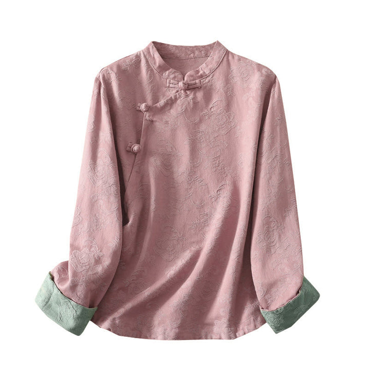 Buddha Stones Jacquard Diagonal Placket Long Sleeve Women's Cotton Linen Buttons Shirt - image 20