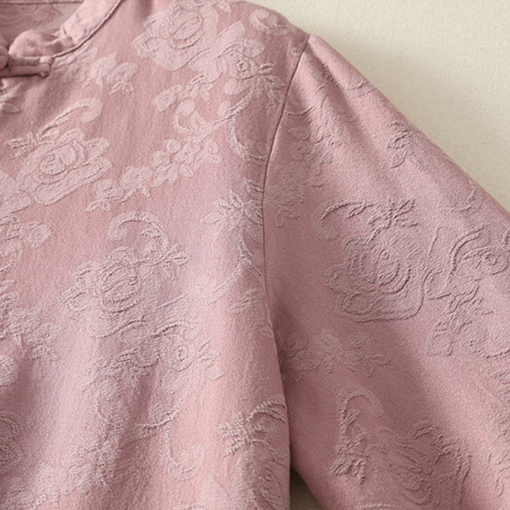 Buddha Stones Jacquard Diagonal Placket Long Sleeve Women's Cotton Linen Buttons Shirt - image 15