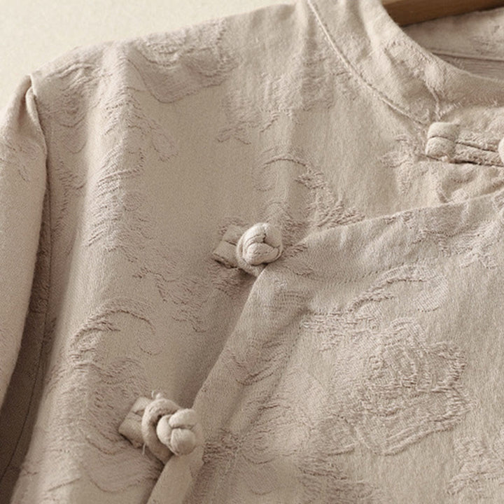 Buddha Stones Jacquard Diagonal Placket Long Sleeve Women's Cotton Linen Buttons Shirt - image 3