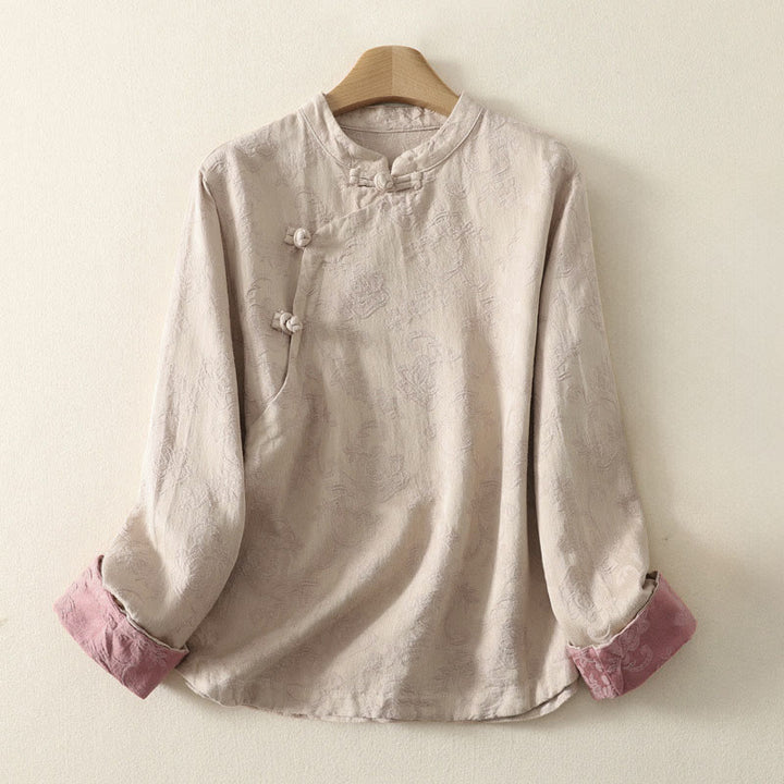 Buddha Stones Jacquard Diagonal Placket Long Sleeve Women's Cotton Linen Buttons Shirt - Linen - US8-10，UK/AU12-14，EU40-42 (2XL) - image 1