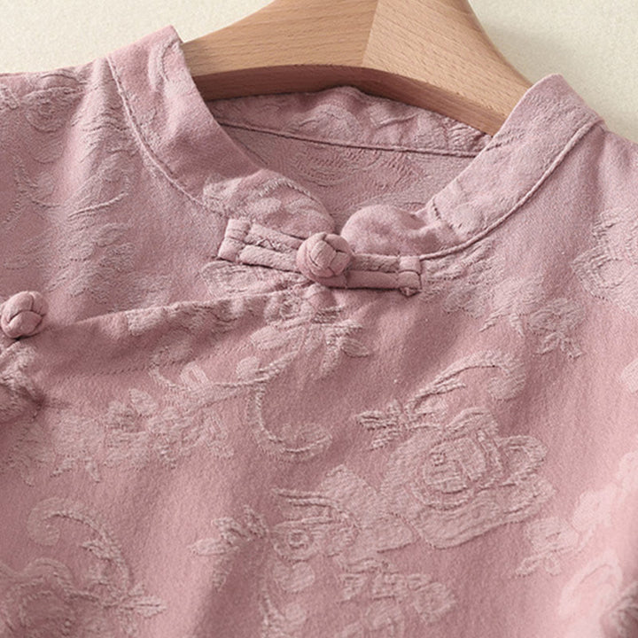 Buddha Stones Jacquard Diagonal Placket Long Sleeve Women's Cotton Linen Buttons Shirt - image 13