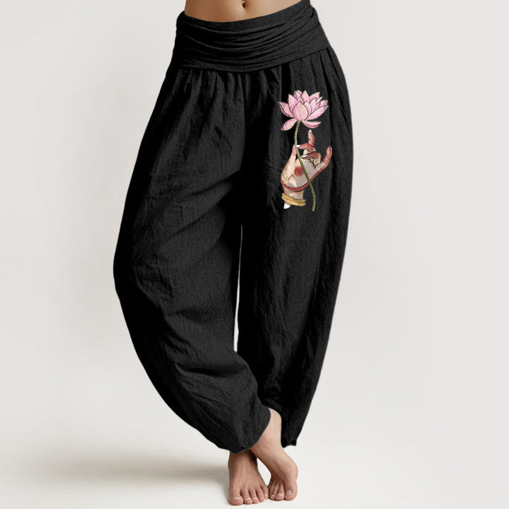 Buddha Stones Hand Holding Delicate Lotus Pattern Women's Elastic Waist Harem Cotton Pants - Black - US16，UK/AU20，EU48 (3XL) - image 0