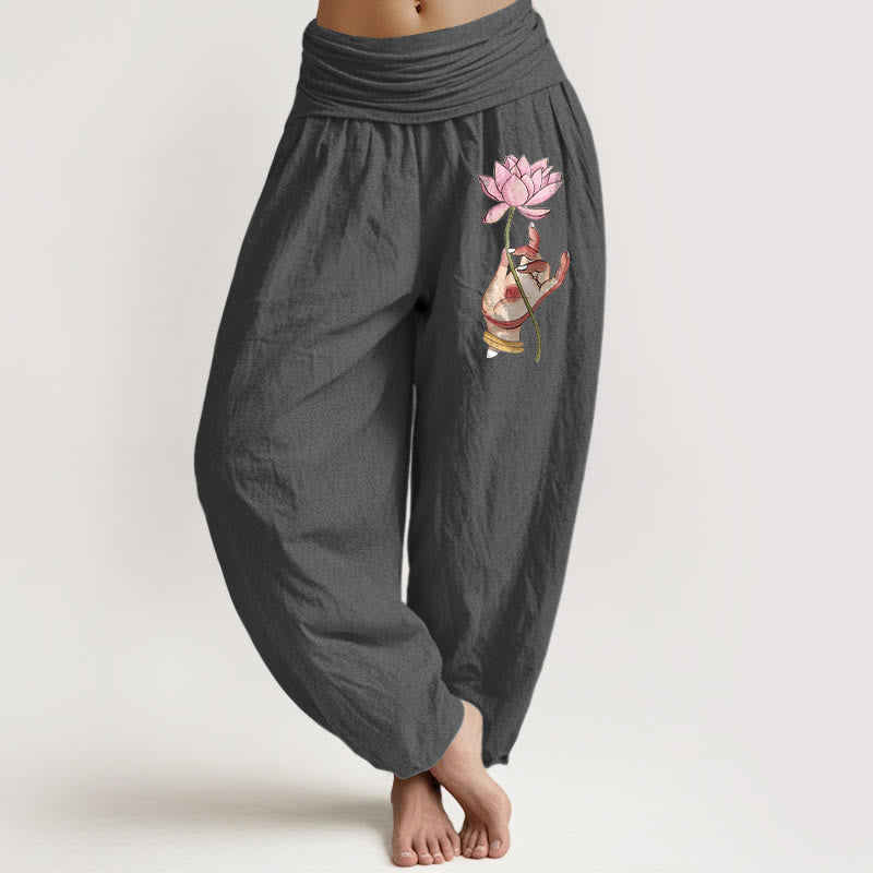 Buddha Stones Hand Holding Delicate Lotus Pattern Women's Elastic Waist Harem Cotton Pants - DimGray - US16，UK/AU20，EU48 (3XL) - image 8