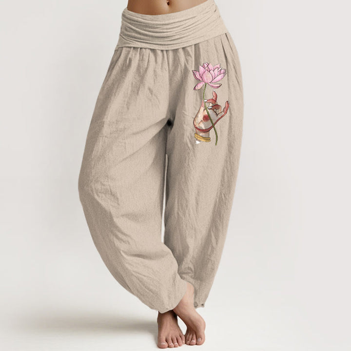 Buddha Stones Hand Holding Delicate Lotus Pattern Women's Elastic Waist Harem Cotton Pants - Tan - US16，UK/AU20，EU48 (3XL) - image 11