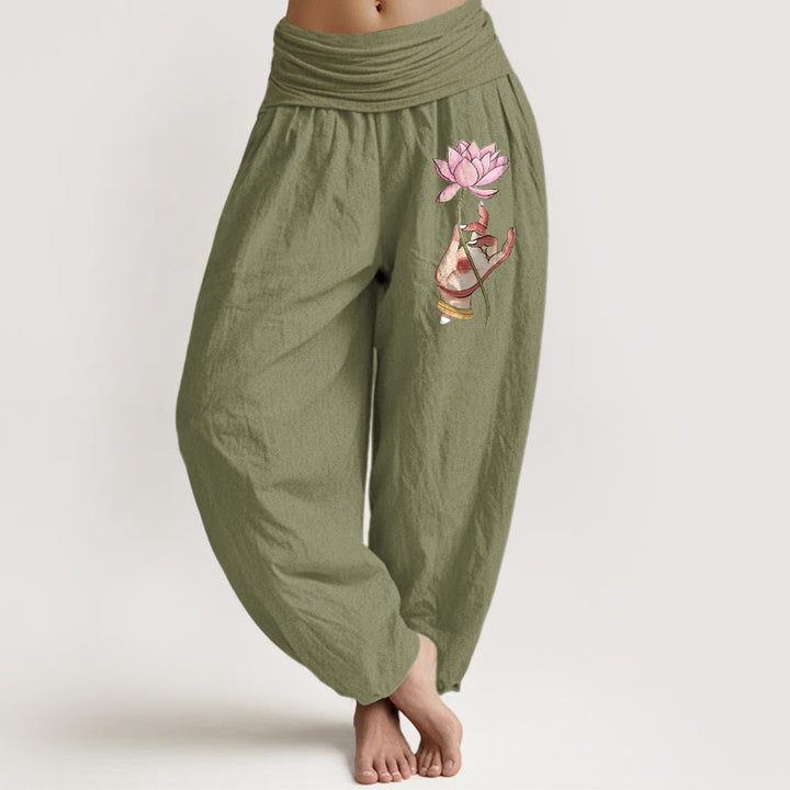 Buddha Stones Hand Holding Delicate Lotus Pattern Women's Elastic Waist Harem Cotton Pants - OliveDrab - US16，UK/AU20，EU48 (3XL) - image 14