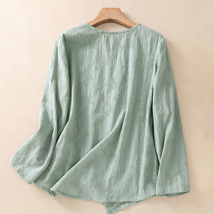 Buddha Stones Jacquard Irregular Hem Pleated Design Women's Long Sleeve Shirt - image 34