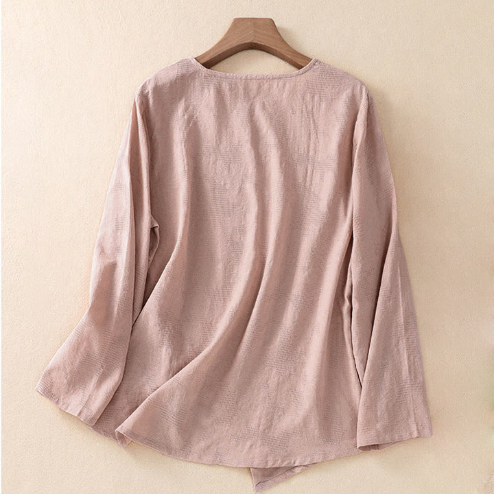 Buddha Stones Jacquard Irregular Hem Pleated Design Women's Long Sleeve Shirt - image 17